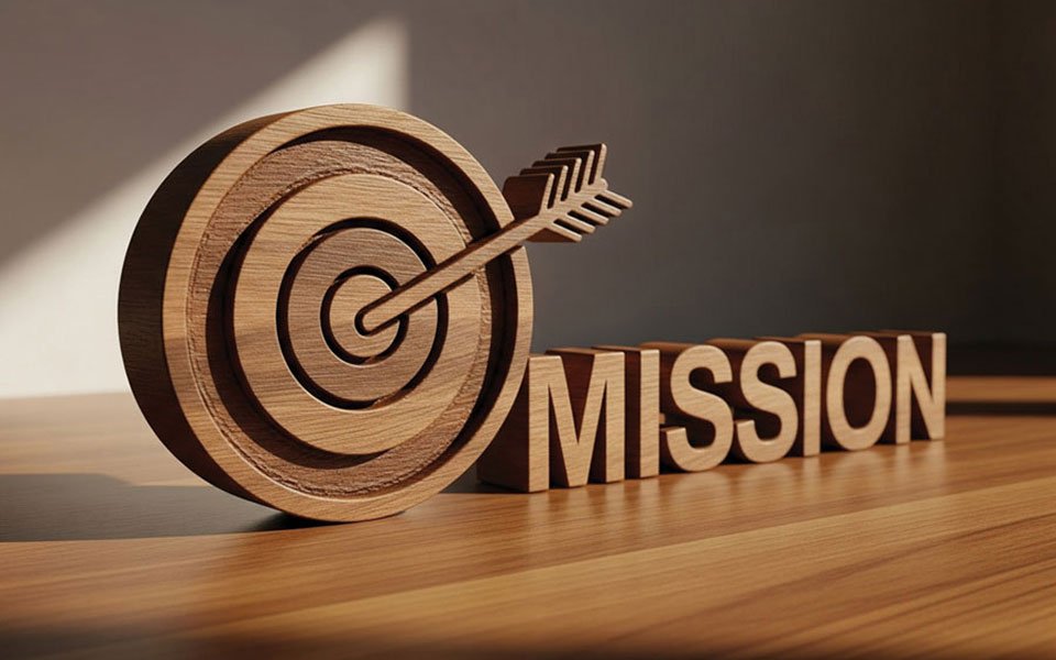 A wooden target with an arrow hitting the bullseye next to the word MISSION